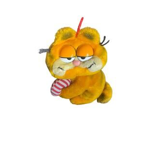 Vintage 1981 Dakin Garfield Christmas Holiday 8” Plush with Candy Crane & Hat